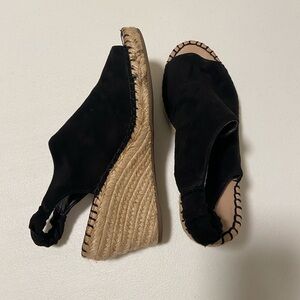 Charles women’s Black suede peep toe woven wedges “Nadja” — size 7.5‎